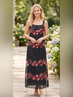 Banana Republic Black Maxi Dress Pink Floral Banded Sleeveless Petite Size 6